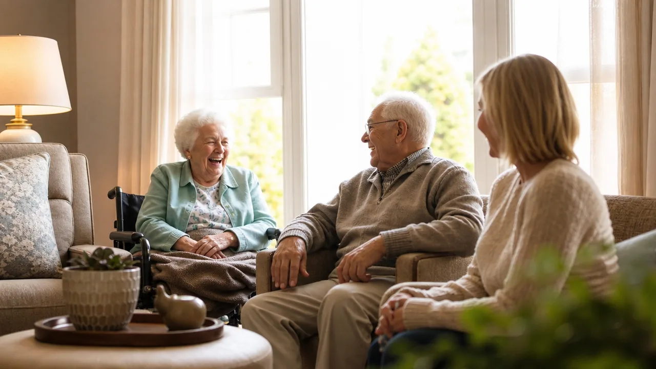 Older adults and a visitor sharing a conversation in a sunlit lounge